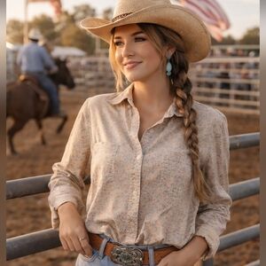 Route 66 Button Down Shirt Womens L, Beige | Blue Florals 100% Cotton | Western